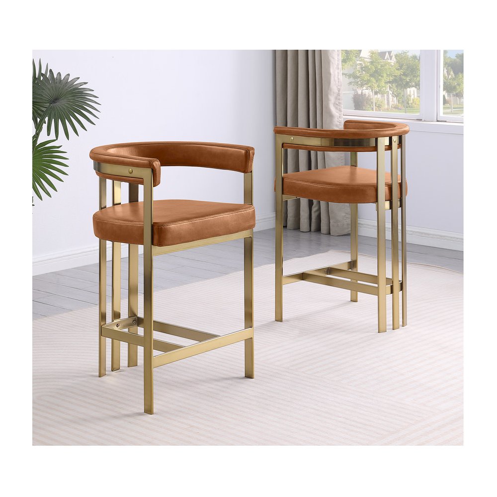 Toffee Leather-Aire Fabric Counterheight with Gold Matte Chrome Base (Set of 2)