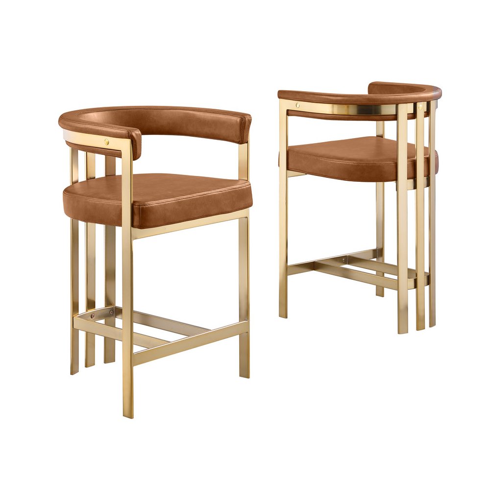 Toffee Leather-Aire Fabric Counterheight with Gold Matte Chrome Base (Set of 2)