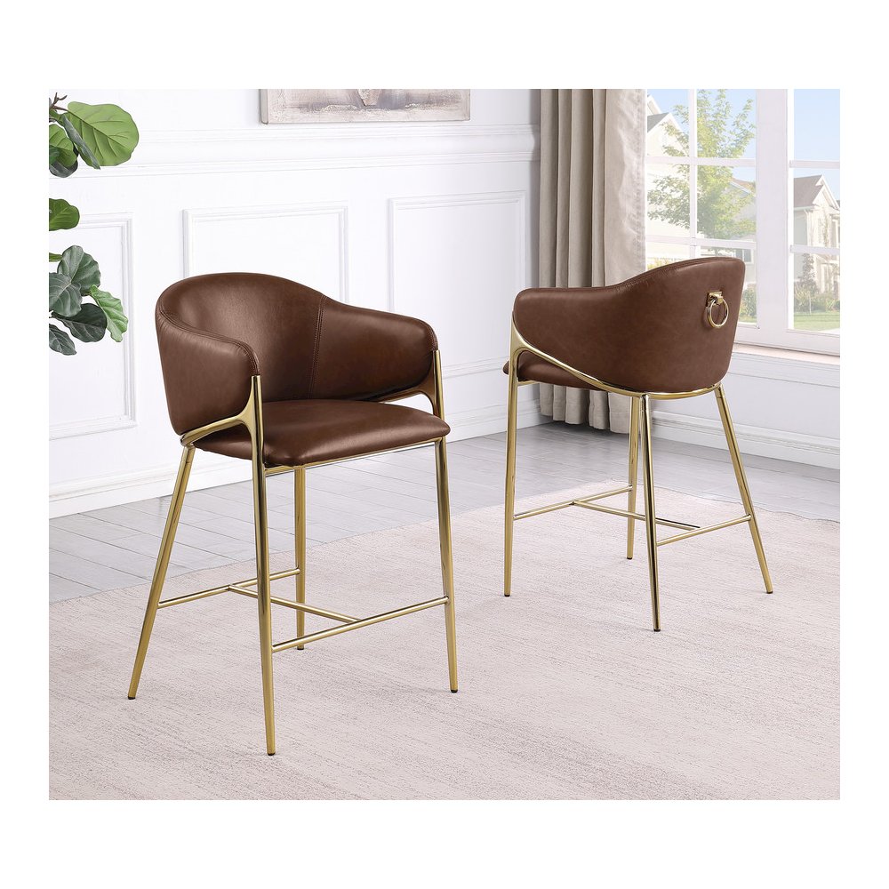 Mocha Leather-Aire Fabric Counterheight with Gold Matte Chrome Base (Set of 2)