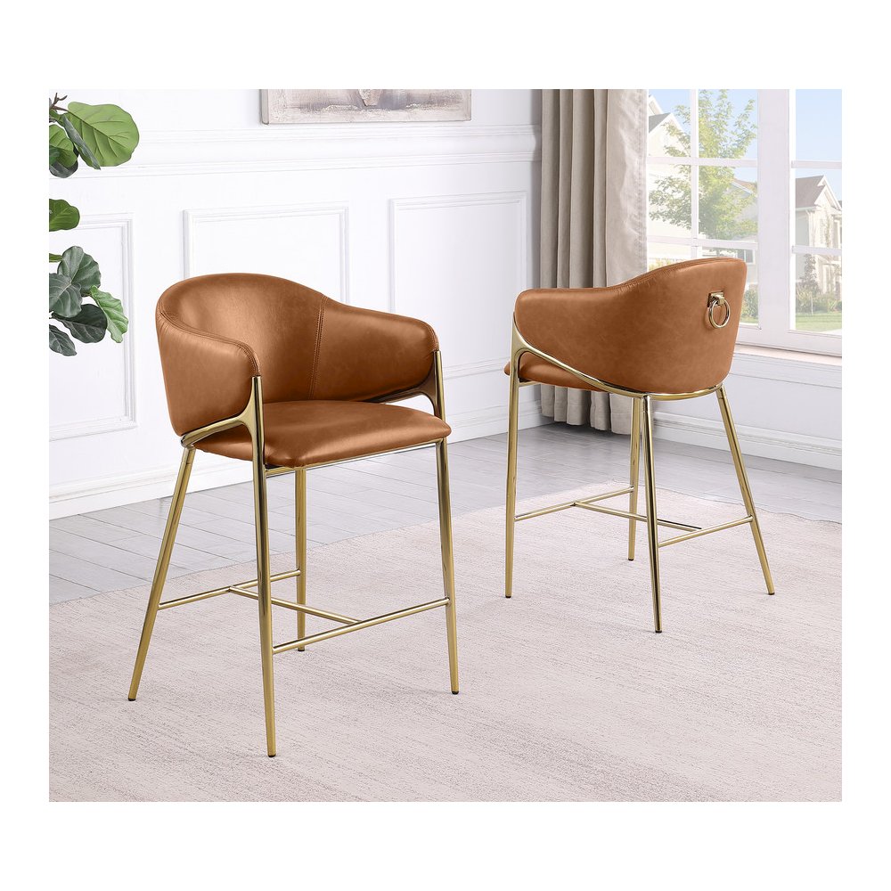 Toffee Leather-Aire Fabric Counterheight with Gold Chrome Base (Set of 2)