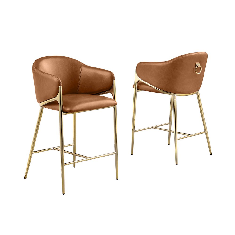 Toffee Leather-Aire Fabric Counterheight with Gold Chrome Base (Set of 2)