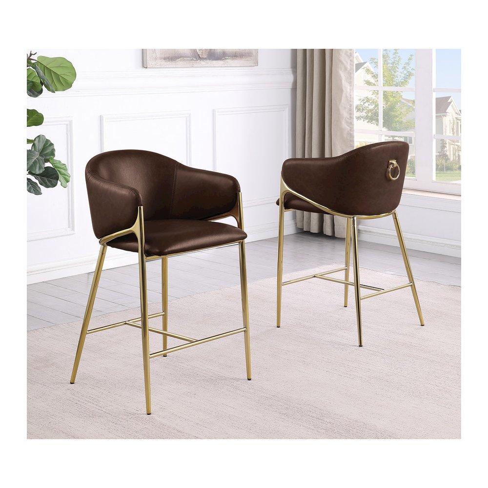 Espresso Leather-Aire Fabric Counterheight with Gold Chrome Base (Set of 2)