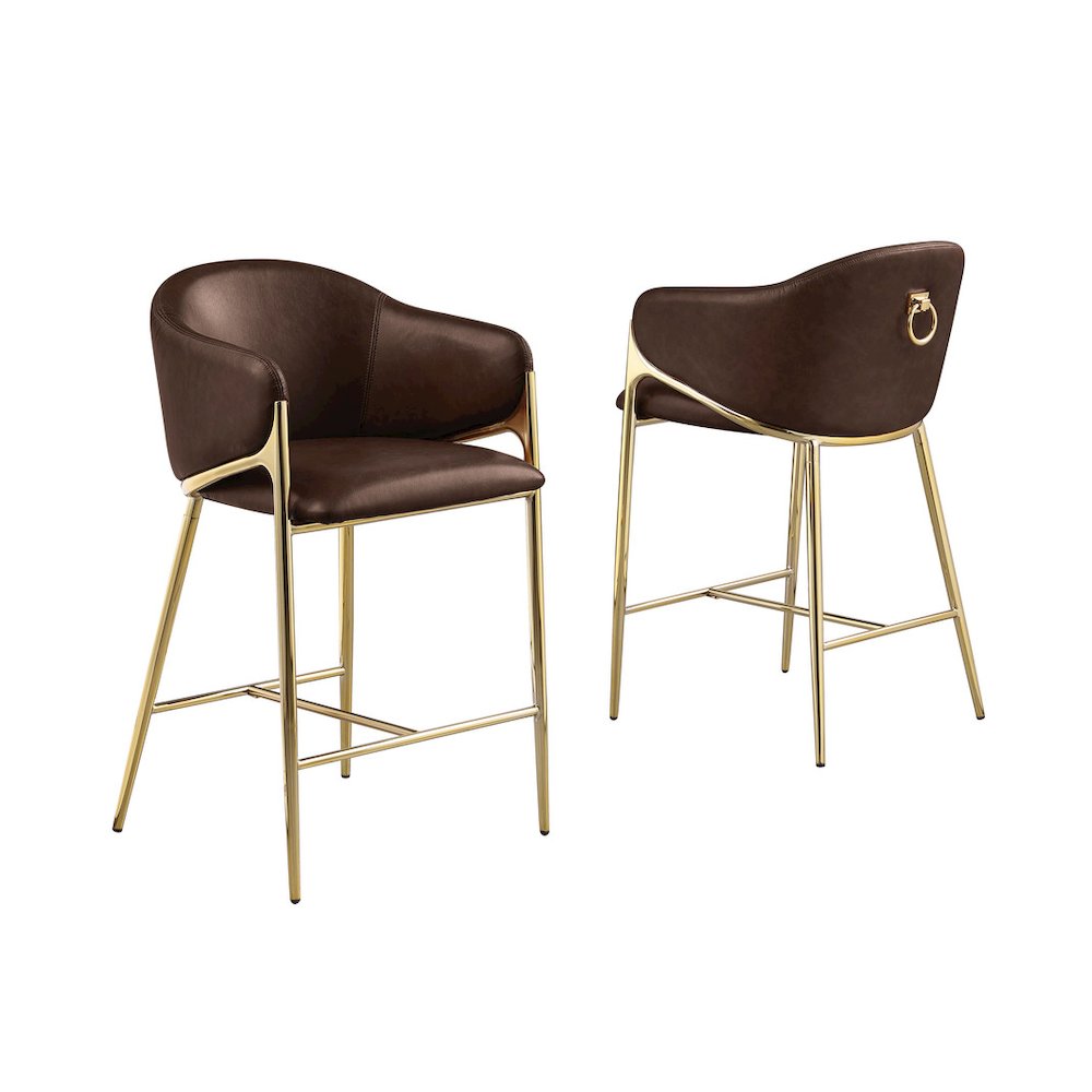 Espresso Leather-Aire Fabric Counterheight with Gold Chrome Base (Set of 2)