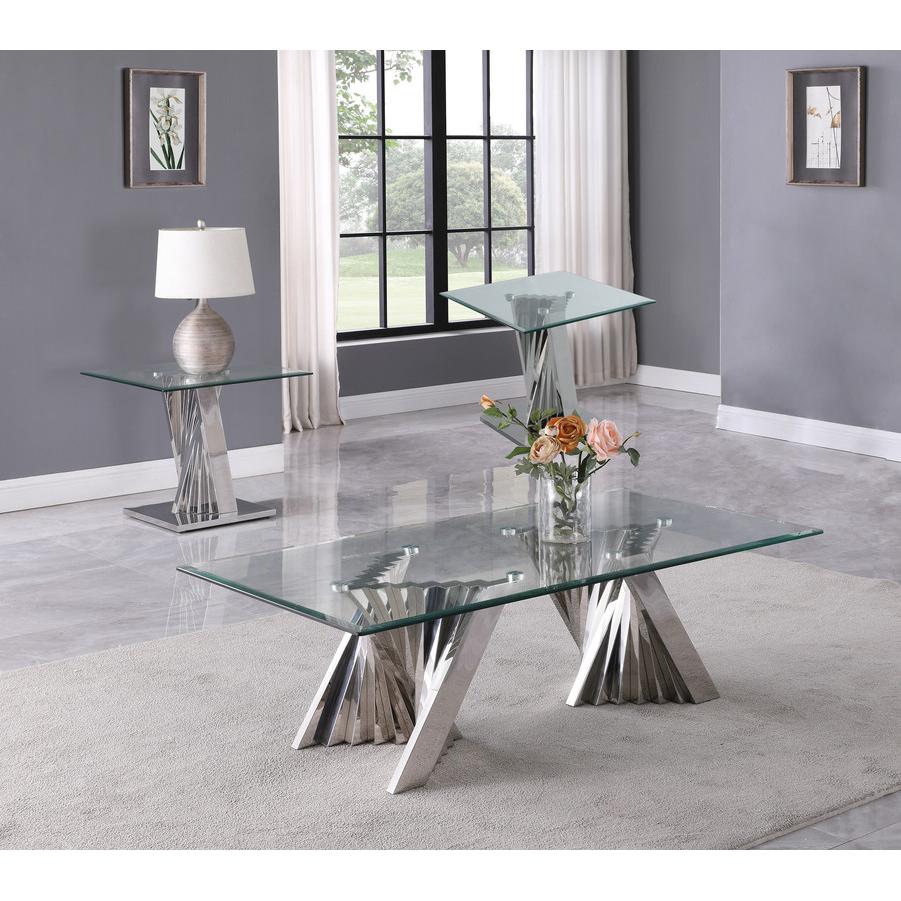 Glass Coffee Table Sets: Coffee Table and 2 End Tables with Stainless Steel Base