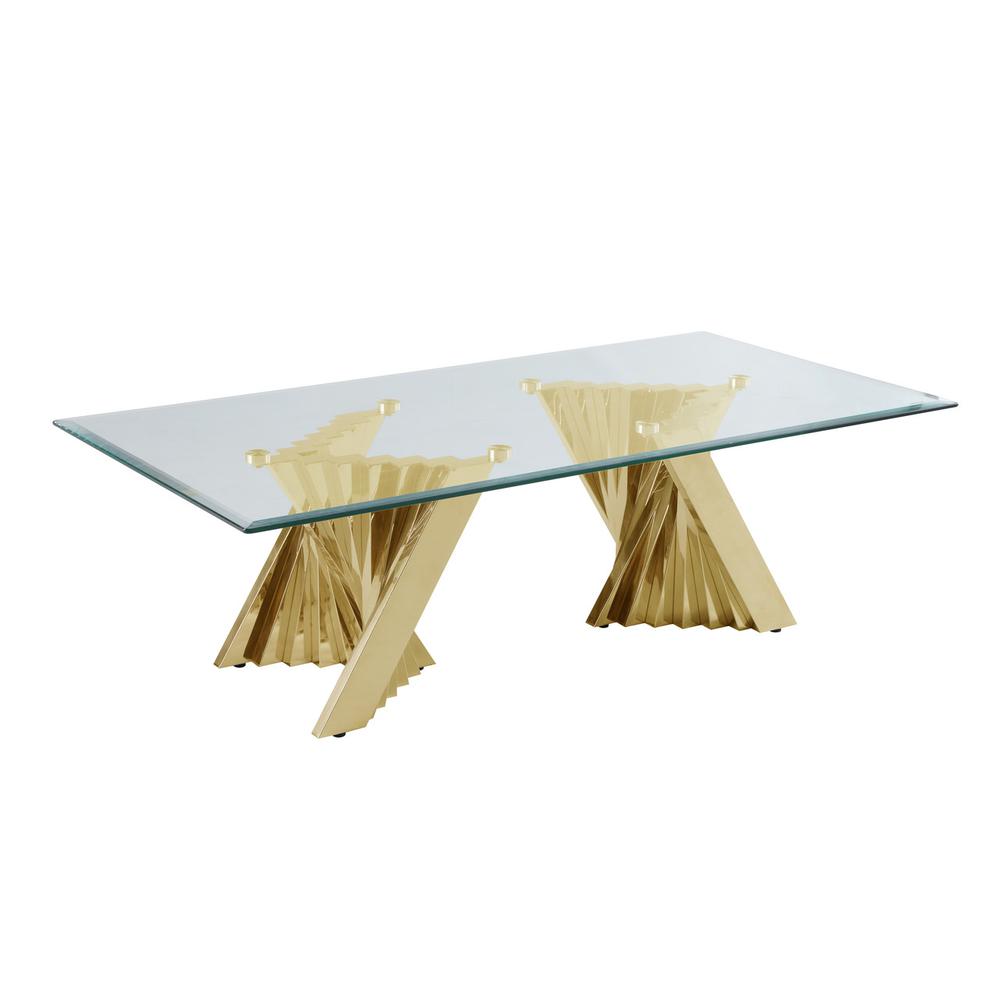 Glass Coffee Table Sets: Coffee Table and End Table with Stainless Steel Gold Base