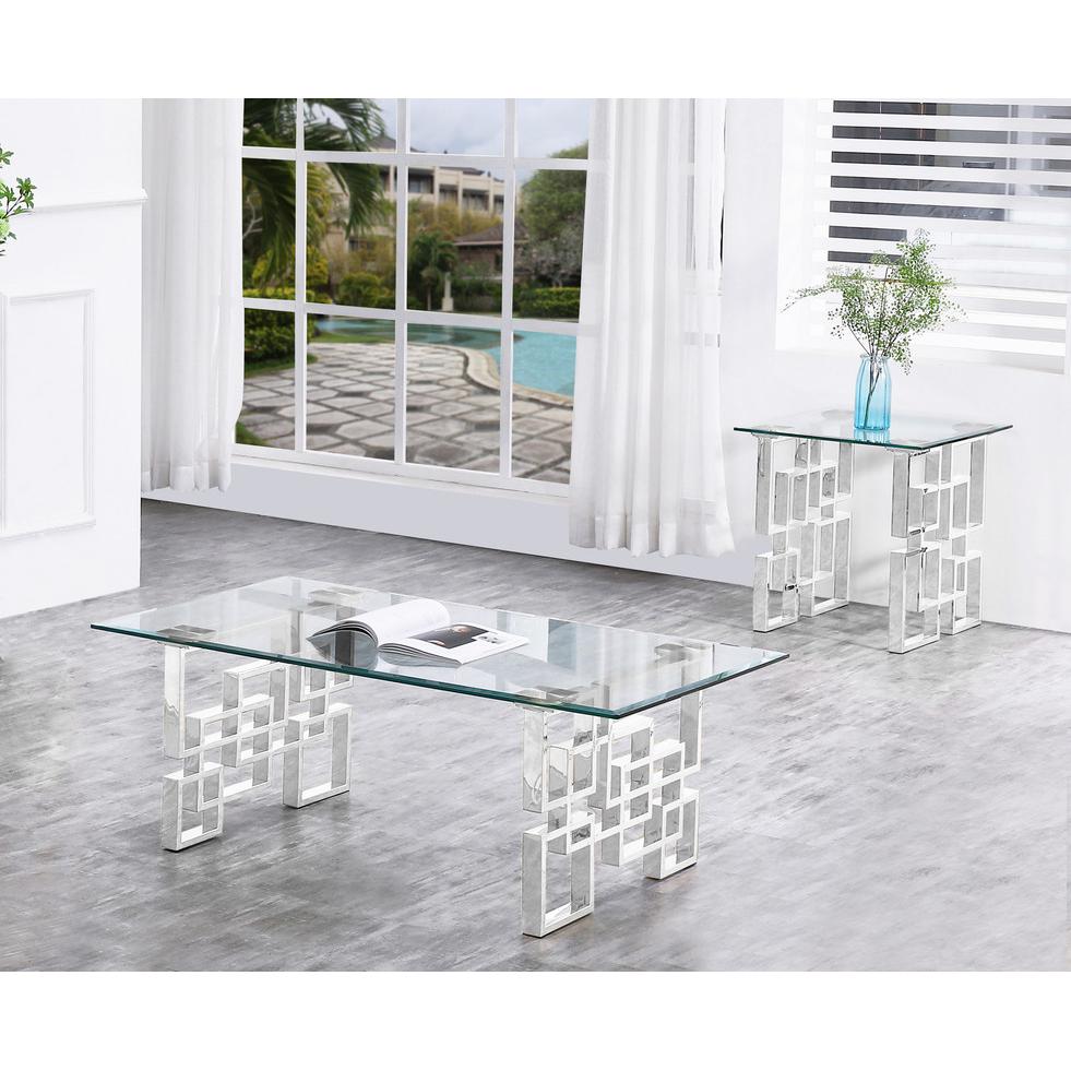 2 Piece Clear Glass Coffee Table with Silver stainless Steel legs and Matching End Table