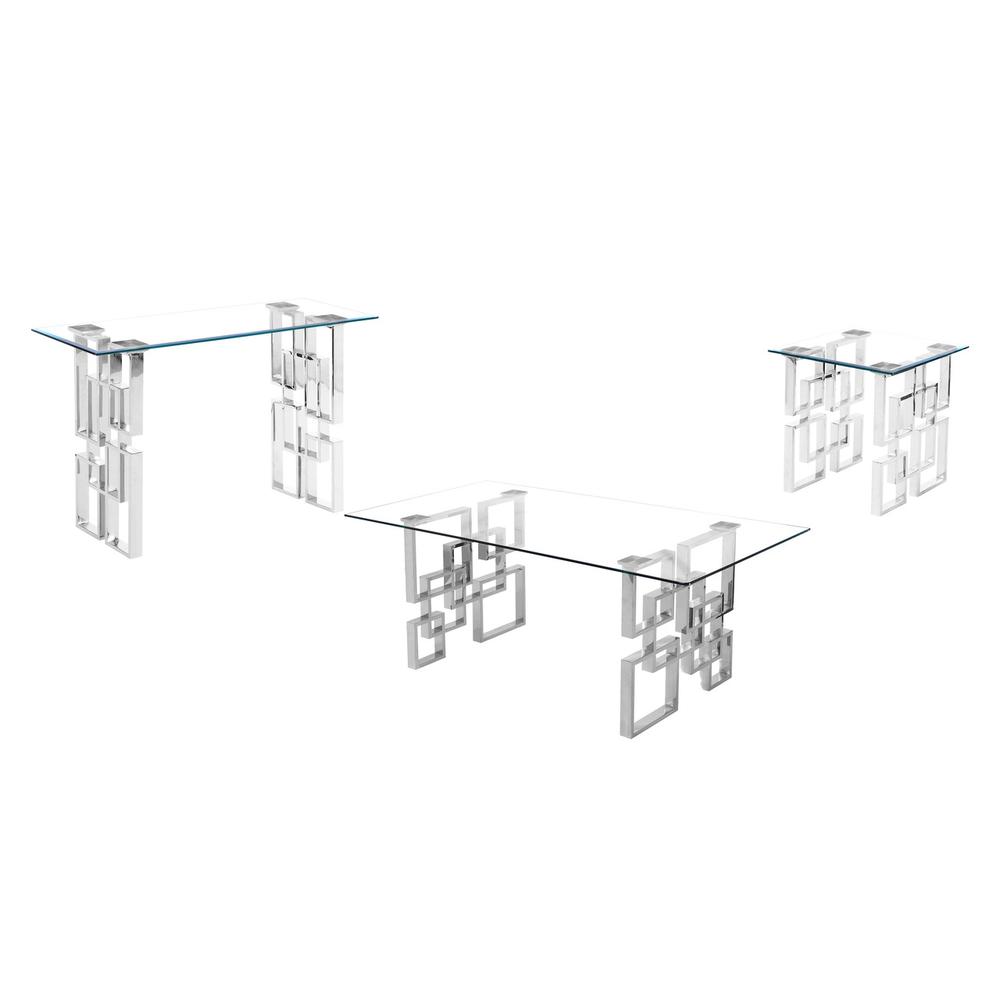 3 Piece Clear Glass Coffee Table with Silver Stainless Steel legs
