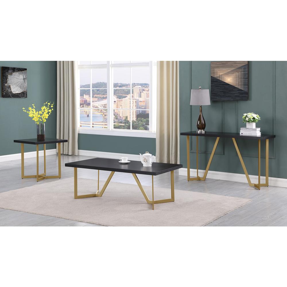 3pc Black wood top coffee table set w/gold color iron base (1Coffee+1End+1console table)