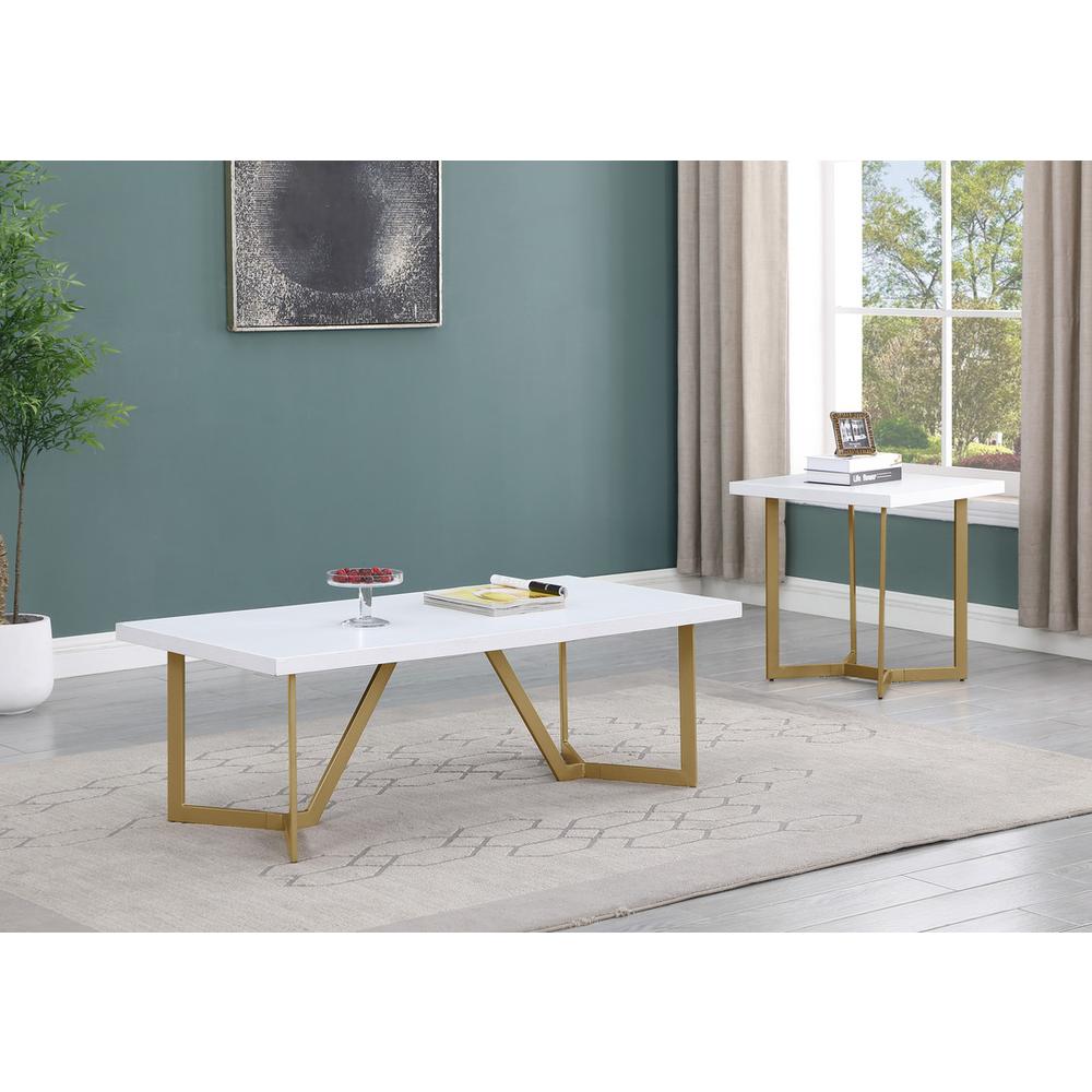 2pc white wood top coffee set w/gold color iron base (coffee+end table)