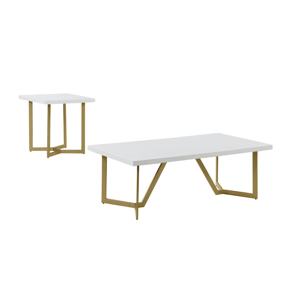 2pc white wood top coffee set w/gold color iron base (coffee+end table)
