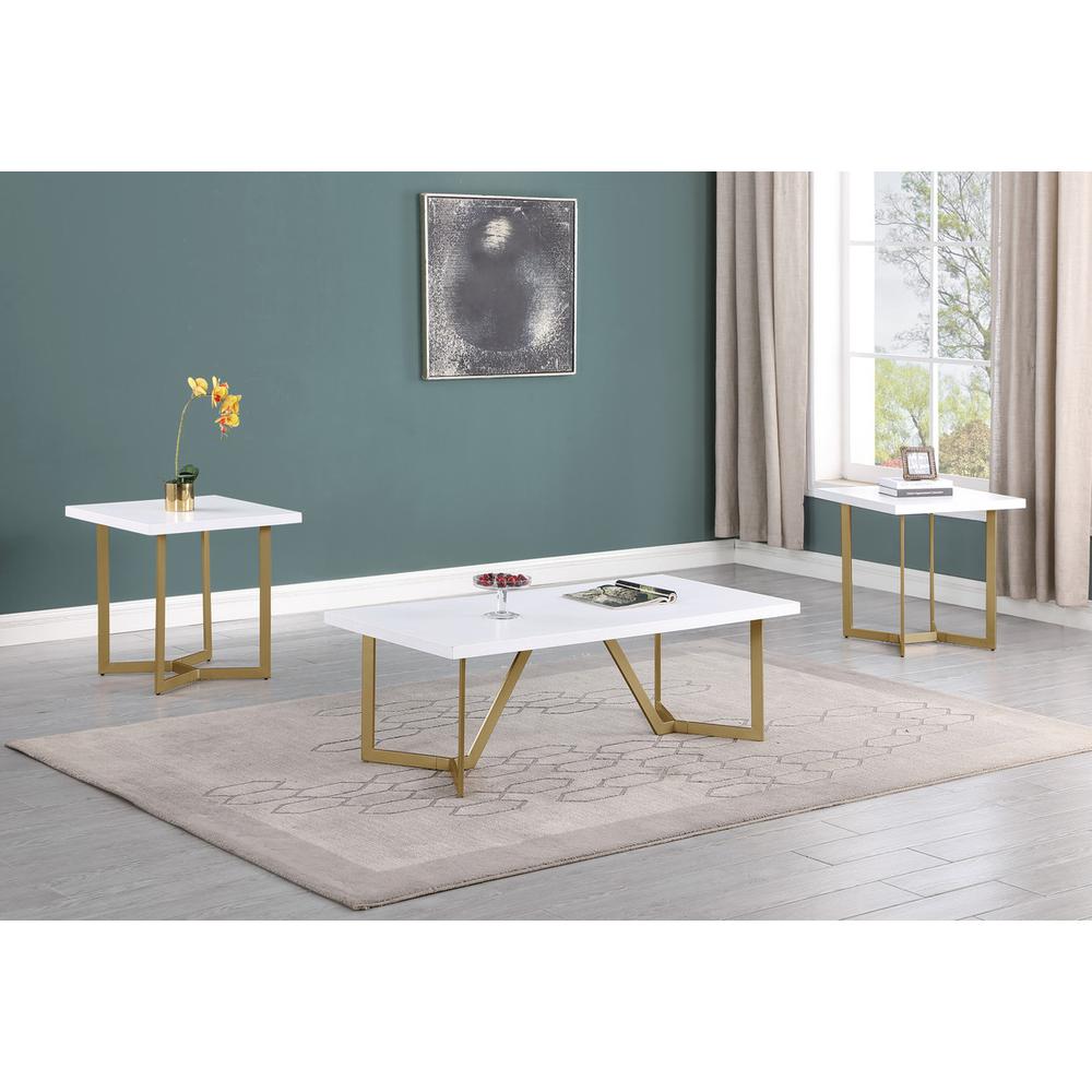3pc White wood top coffee table set w/gold color iron base (1Coffee+2end table)