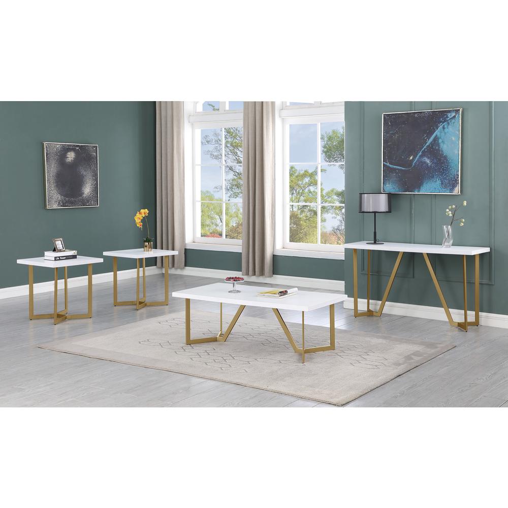 4pc white wood top coffee table set w/ gold color iron base (1 coffee+2End+1console table)