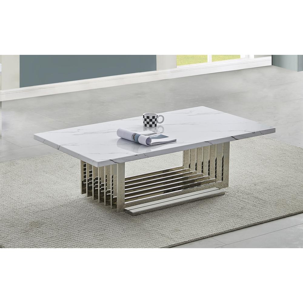 White marble top coffee table with a silver color stainless steel base