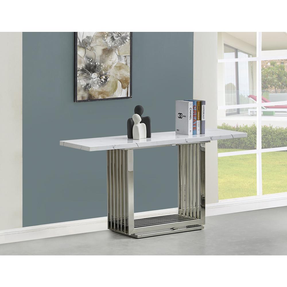 White marble top console table with a silver color stainless steel base