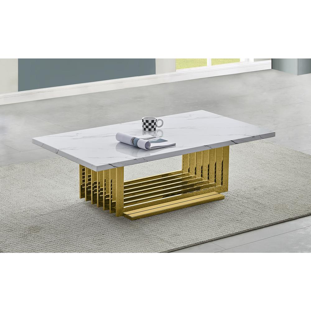 White marble top coffee table with gold color stainless steel base