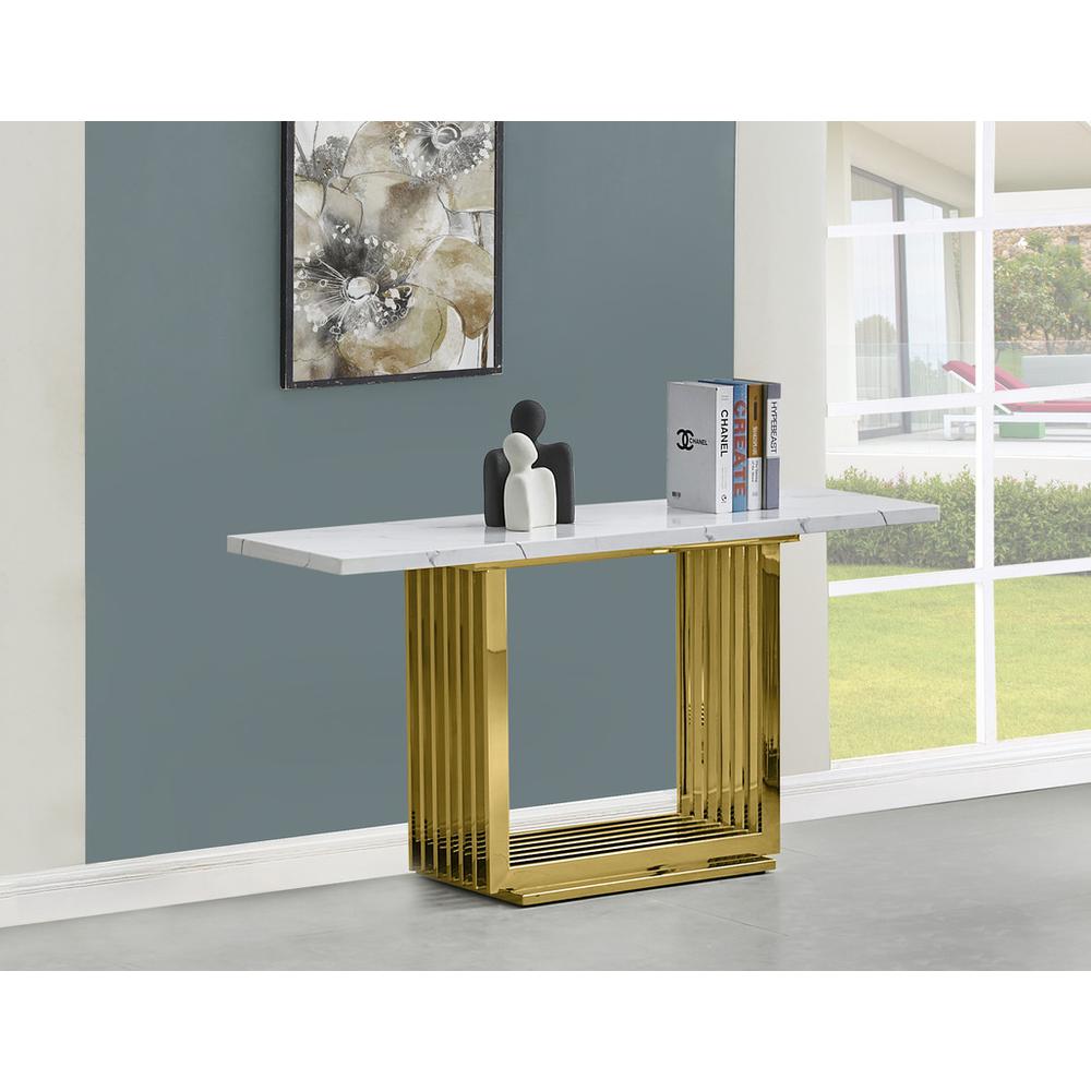 White marble top console table with gold color stainless steel base