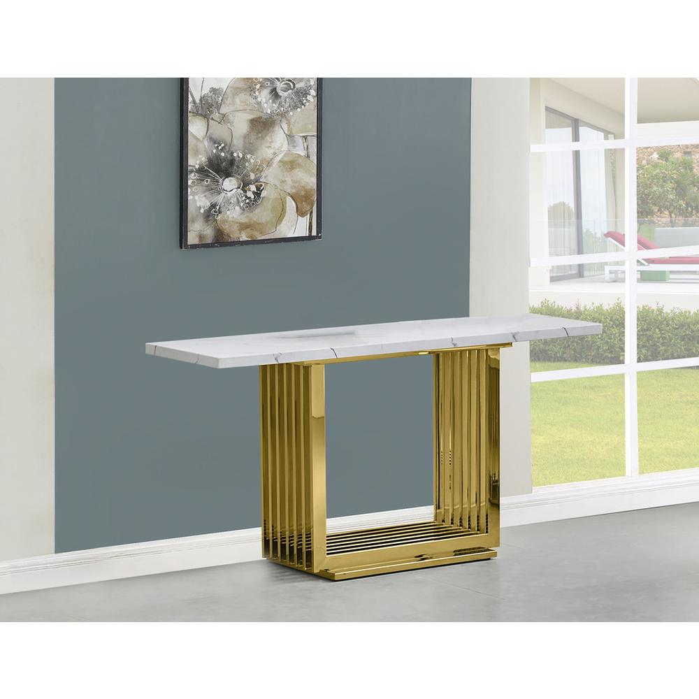 White marble top console table with gold color stainless steel base
