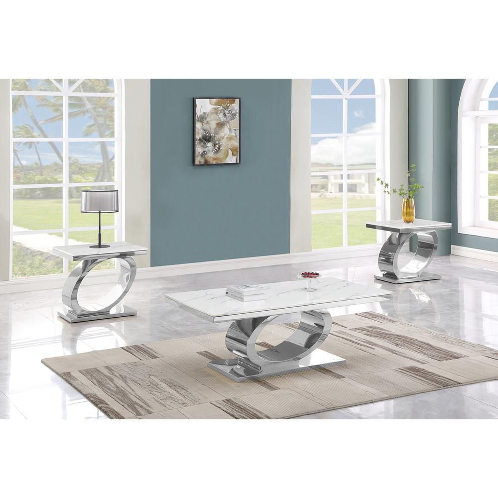 3pc White marble coffee table set with silver base (1 Coffee+2 End tables)