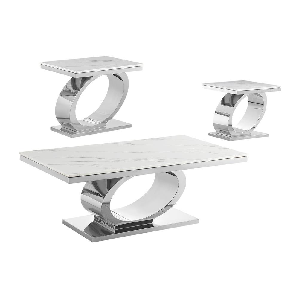 3pc White marble coffee table set with silver base (1 Coffee+2 End tables)