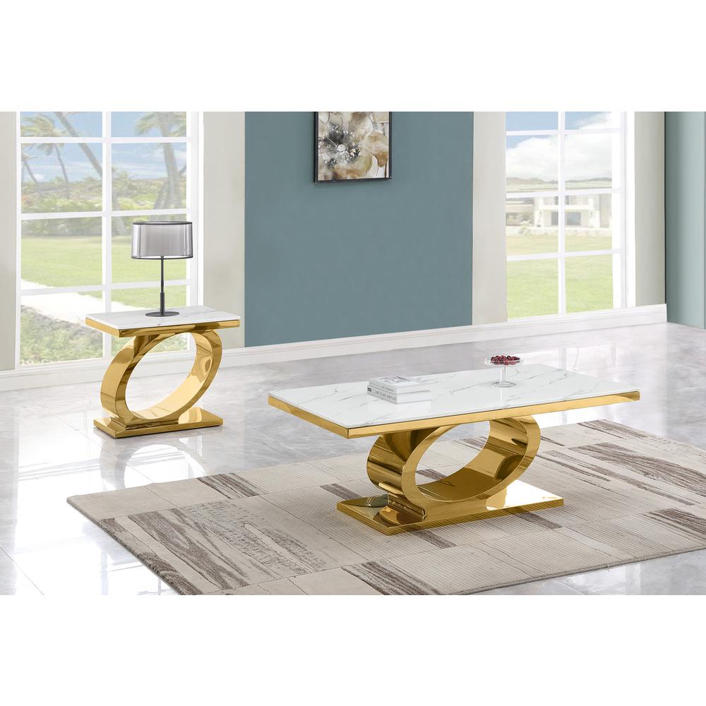 2pc White marble coffee table set with gold color base (1 Coffee+ 1 End table)