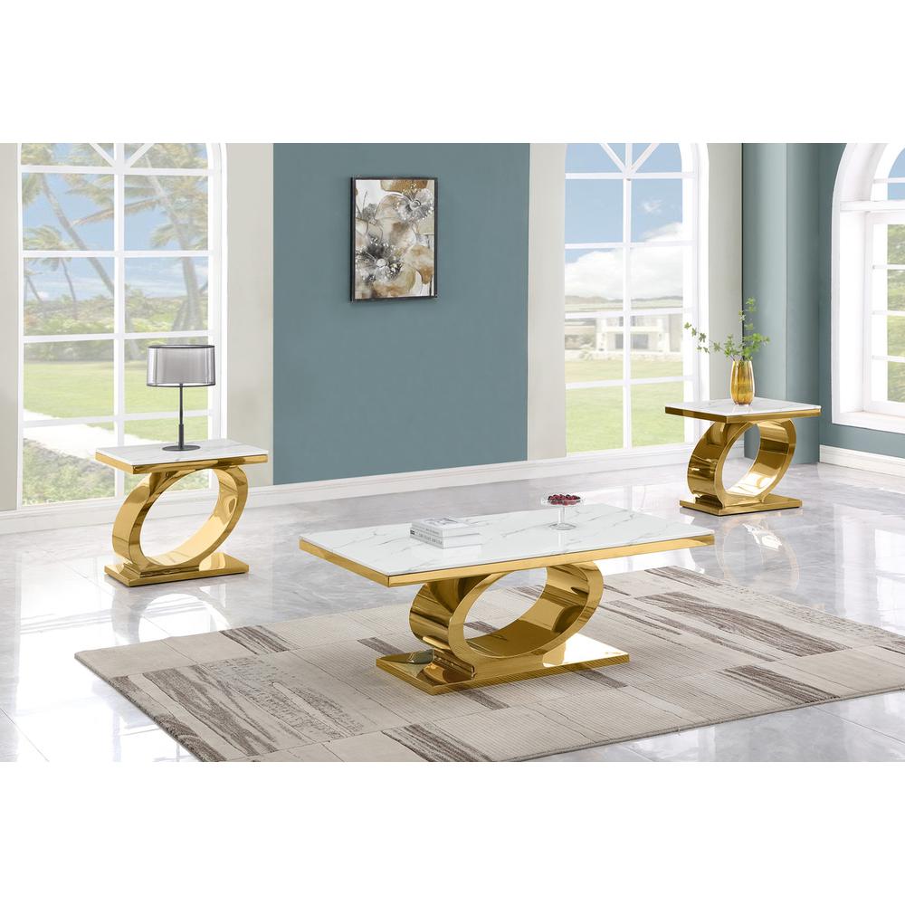 3pc White marble coffee table set with gold color base (1 Coffee+2 End tables)
