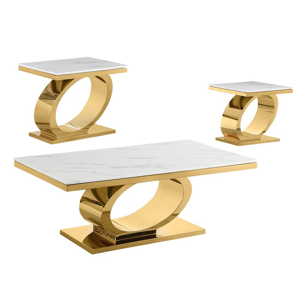 3pc White marble coffee table set with gold color base (1 Coffee+2 End tables)