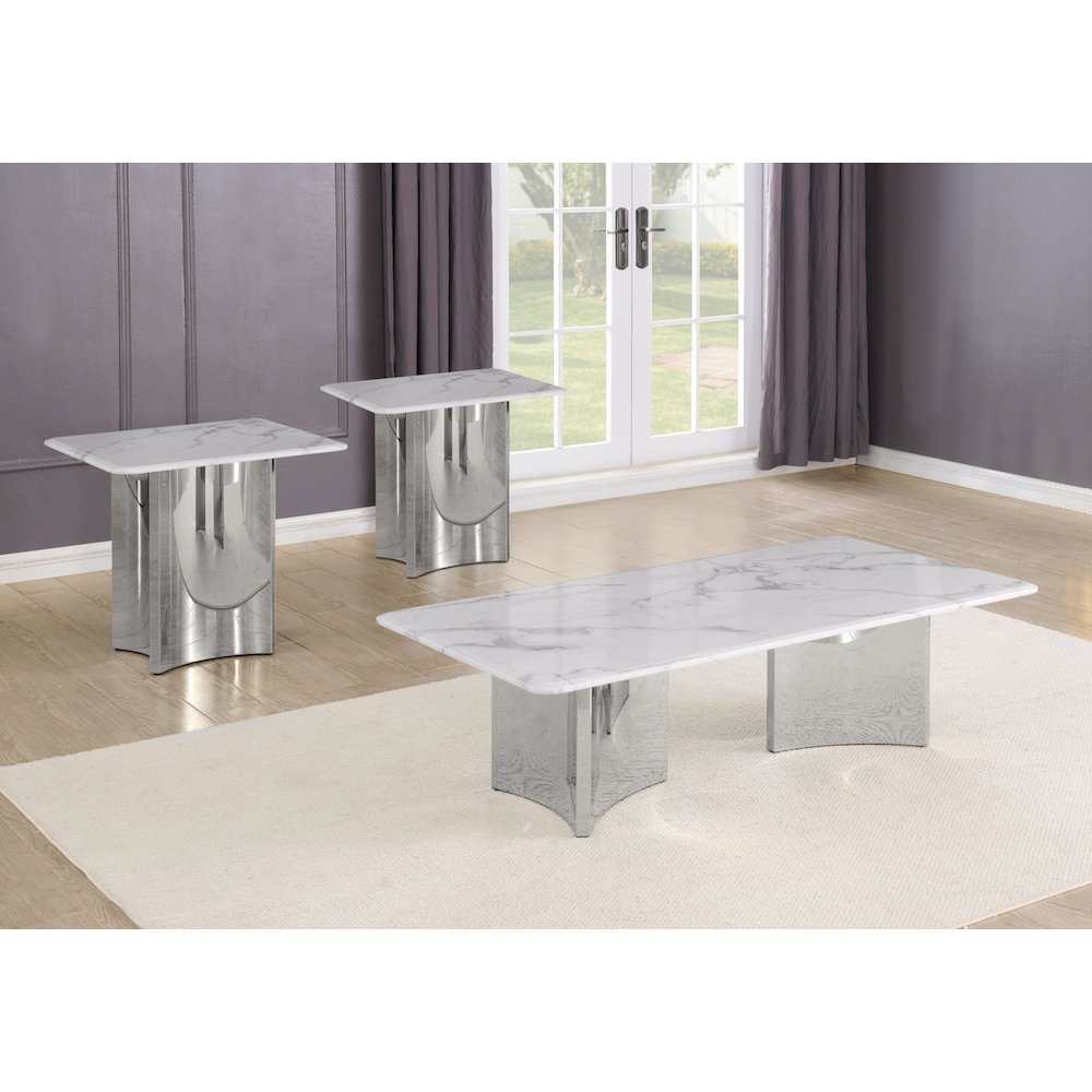 3pc White Marble Top Coffee Table Set 2 End Tables