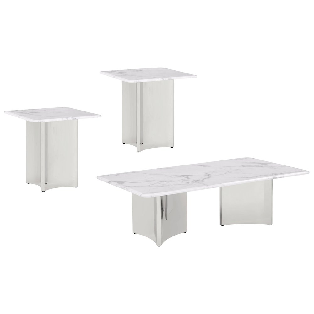 3pc White Marble Top Coffee Table Set 2 End Tables