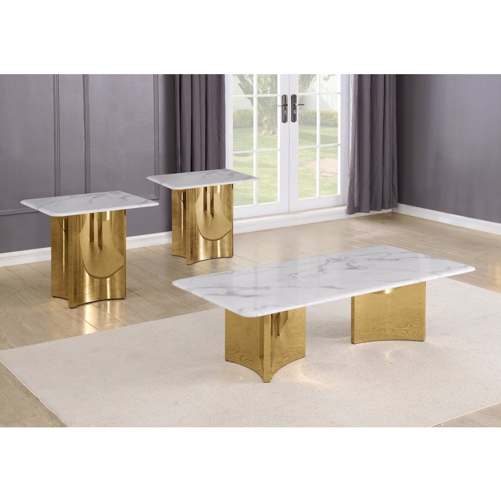 3pc White Marble Top Coffee Table Set 2 End Tables
