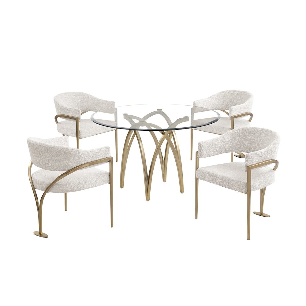 5Pc Round 48X48 Dining Set With 4 Cream Boucle Chairs
