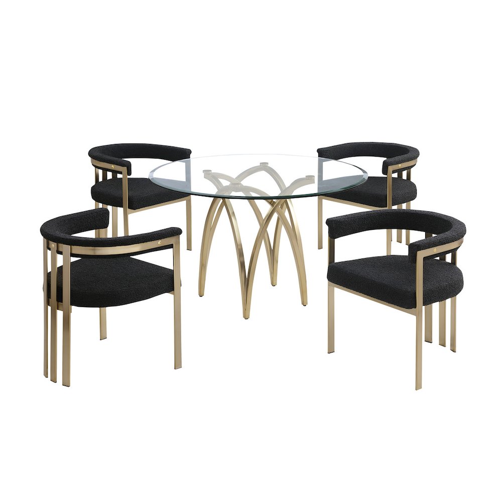 5Pc Round 48X48 Dining Set With 4 Black Boucle Chairs