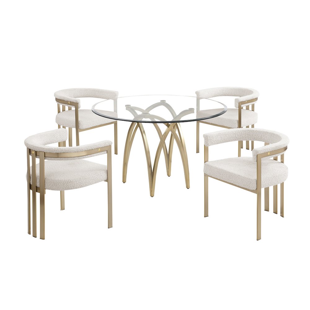 5Pc Round 48X48 Dining Set With 4 Cream Boucle Chairs