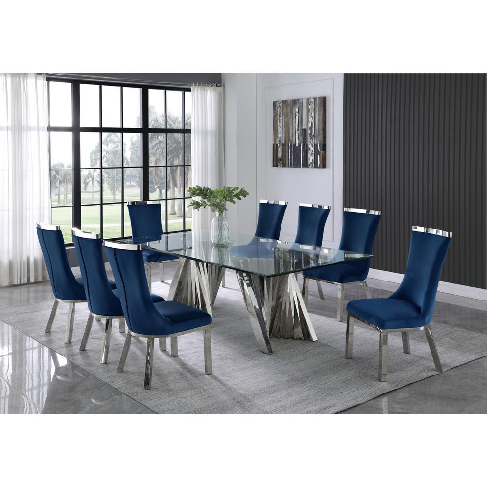 9pc dining set- Recatngle Glass table with silver color base and Navy Blue velvet chairs