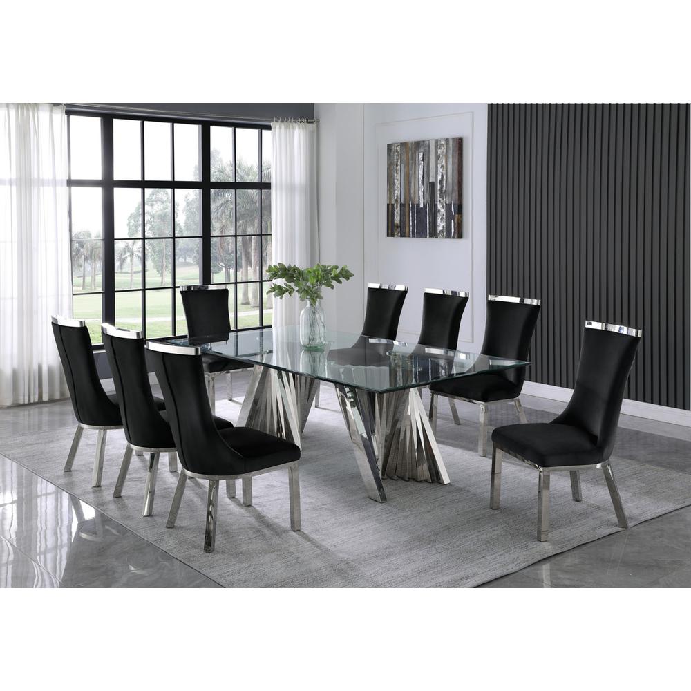 9pc dining set- Recatngle Glass table with silver color base and Black velvet chairs