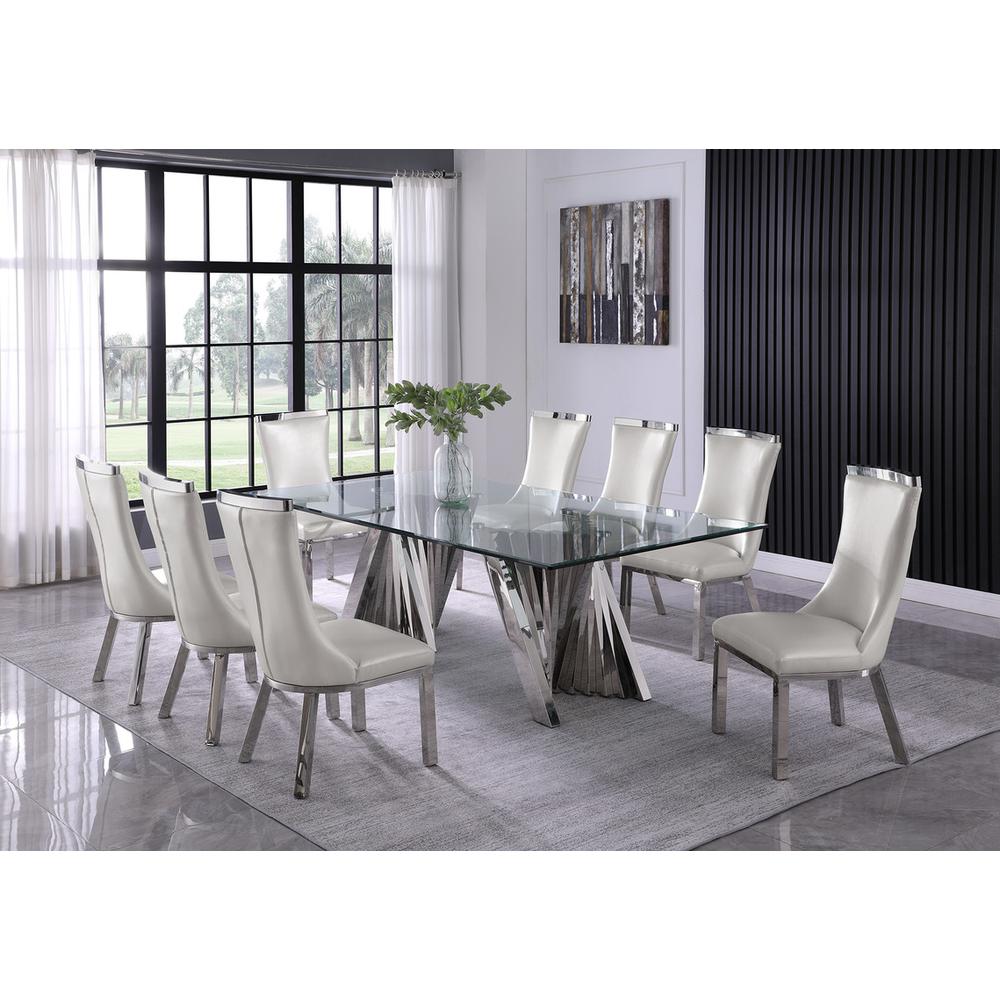 9pc dining set- Recatngle Glass table with silver color base and White faux leather chairs
