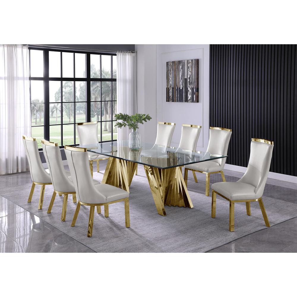 9pc dining set- Recatngle Glass table with gold color base and White faux leather chairs