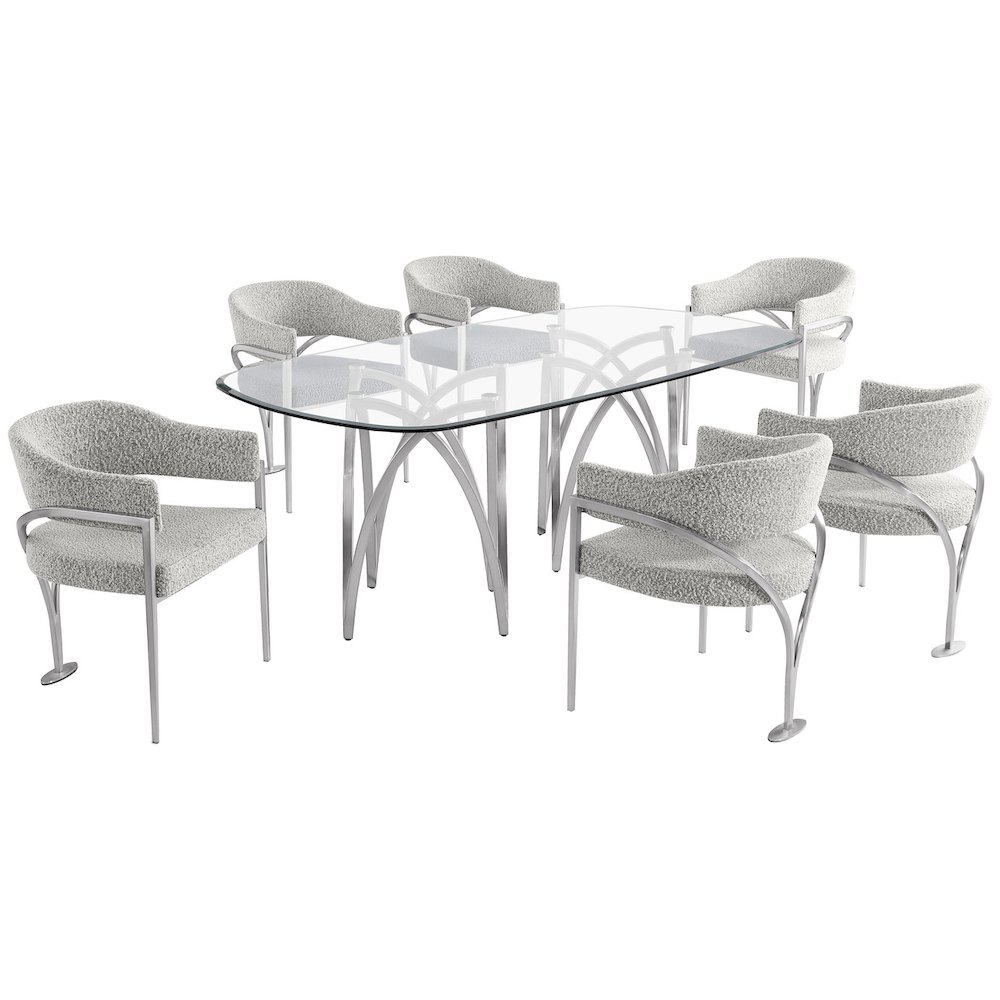 7Pc Tempered Glass Dining Table Set 6 Rich Gray Matte Silver Side Chairs