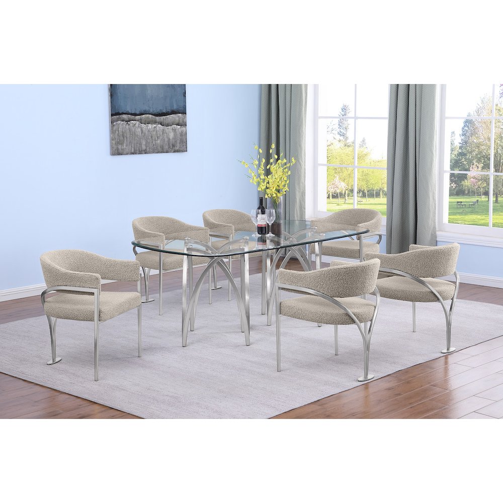 7Pc Tempered Glass Dining Table Set With 6 Gray With Matte Silver Side Chairs