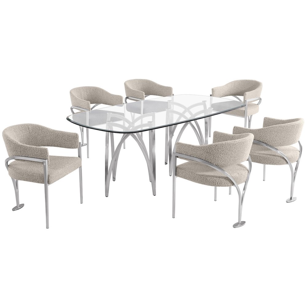 7Pc Tempered Glass Dining Table Set With 6 Gray With Matte Silver Side Chairs