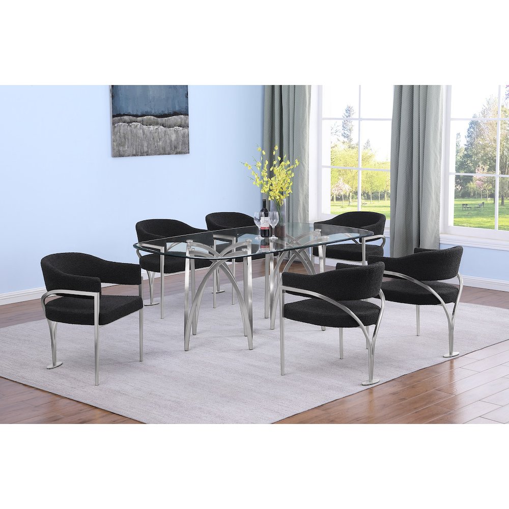 7Pc Tempered Glass Dining Table Set With 6 Black With Matte Silver Side Chairs