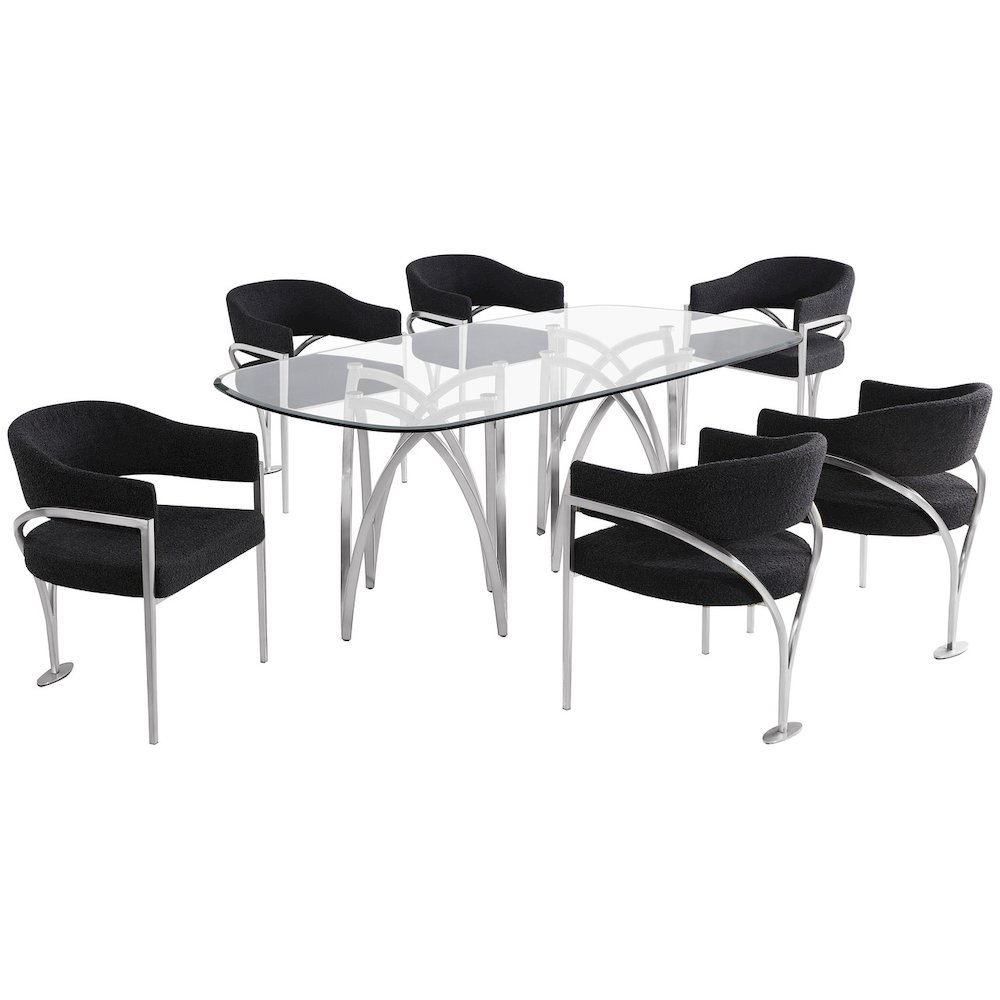 7Pc Tempered Glass Dining Table Set With 6 Black With Matte Silver Side Chairs