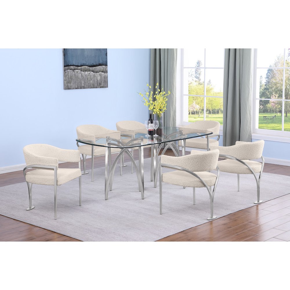 7Pc Tempered Glass Dining Table Set With 6 Cream With Matte Silver Side Chairs