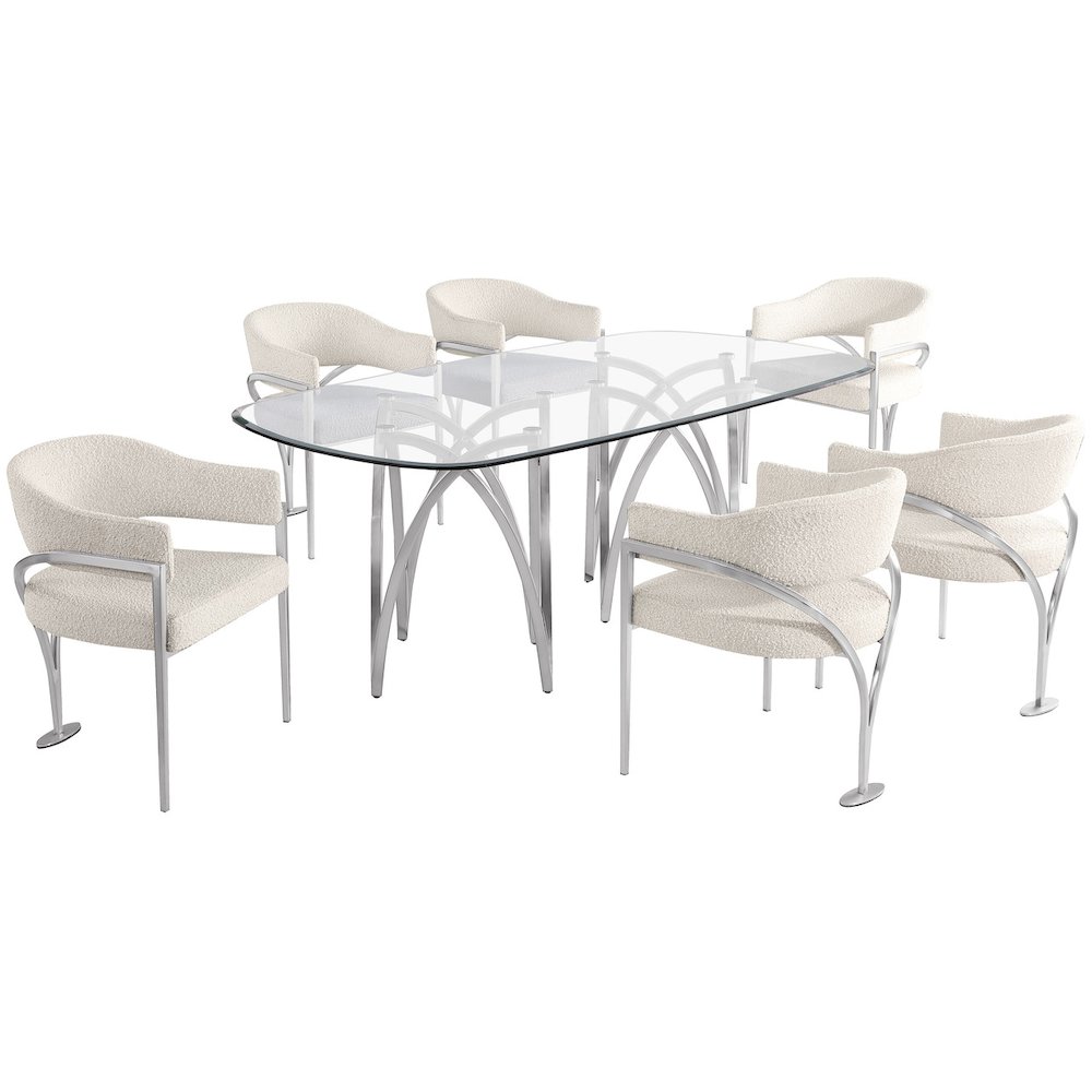 7Pc Tempered Glass Dining Table Set With 6 Cream With Matte Silver Side Chairs