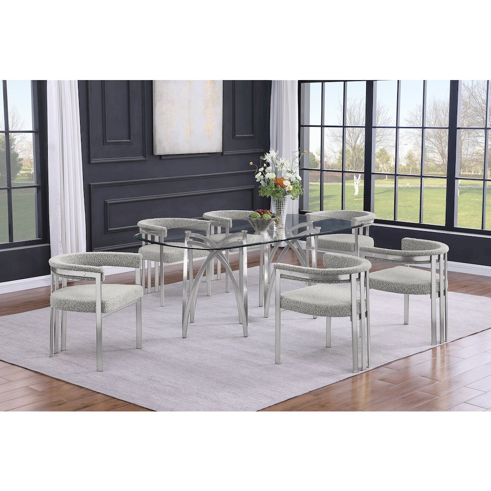 7Pc Tempered Glass Dining Table Set 6 Rich Gray Matte Silver Side Chairs