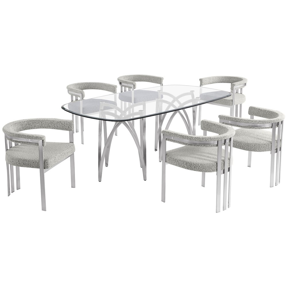 7Pc Tempered Glass Dining Table Set 6 Rich Gray Matte Silver Side Chairs