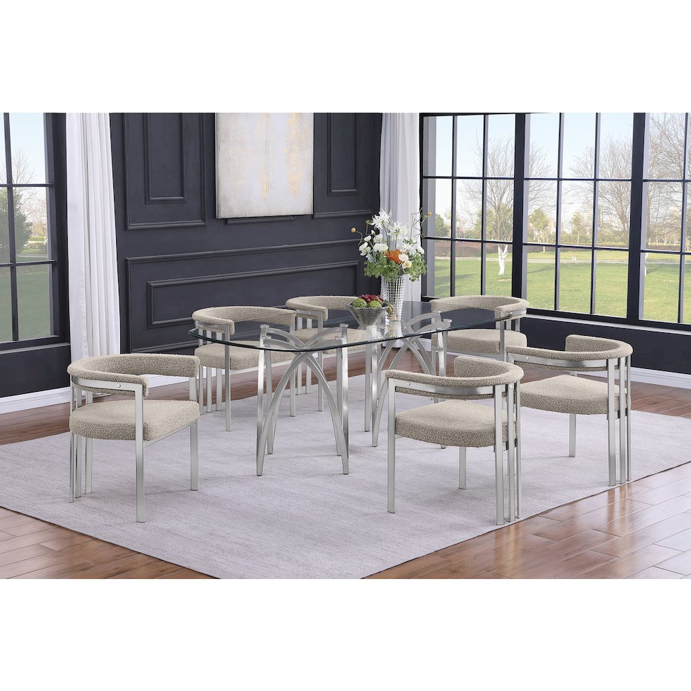 7Pc Tempered Glass Dining Table Set With 6 Gray With Matte Silver Side Chairs