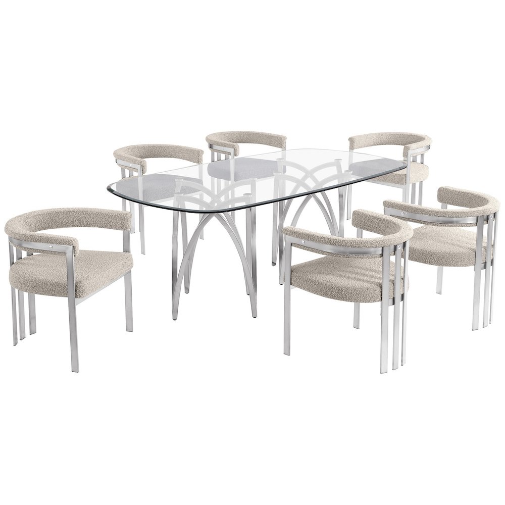7Pc Tempered Glass Dining Table Set With 6 Gray With Matte Silver Side Chairs