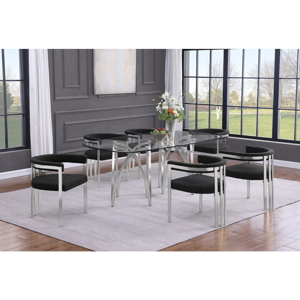 7Pc Tempered Glass Dining Table Set With 6 Black With Matte Silver Side Chairs