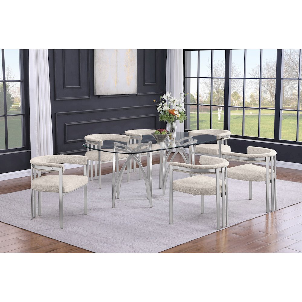 7Pc Tempered Glass Dining Table Set With 6 Cream With Matte Silver Side Chairs