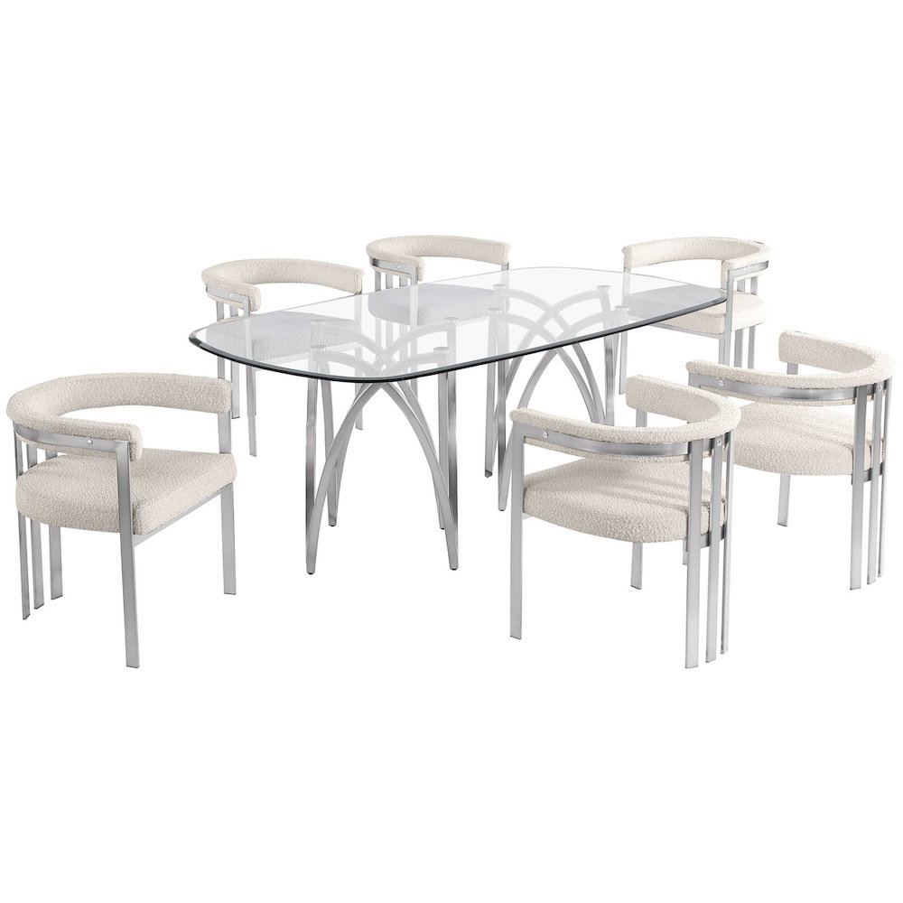 7Pc Tempered Glass Dining Table Set With 6 Cream With Matte Silver Side Chairs